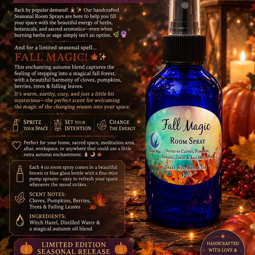 Fall Magic Room Spray by 1 Practical Magic Store, featuring a spray bottle with autumn-themed packaging and a cozy, magical scent.