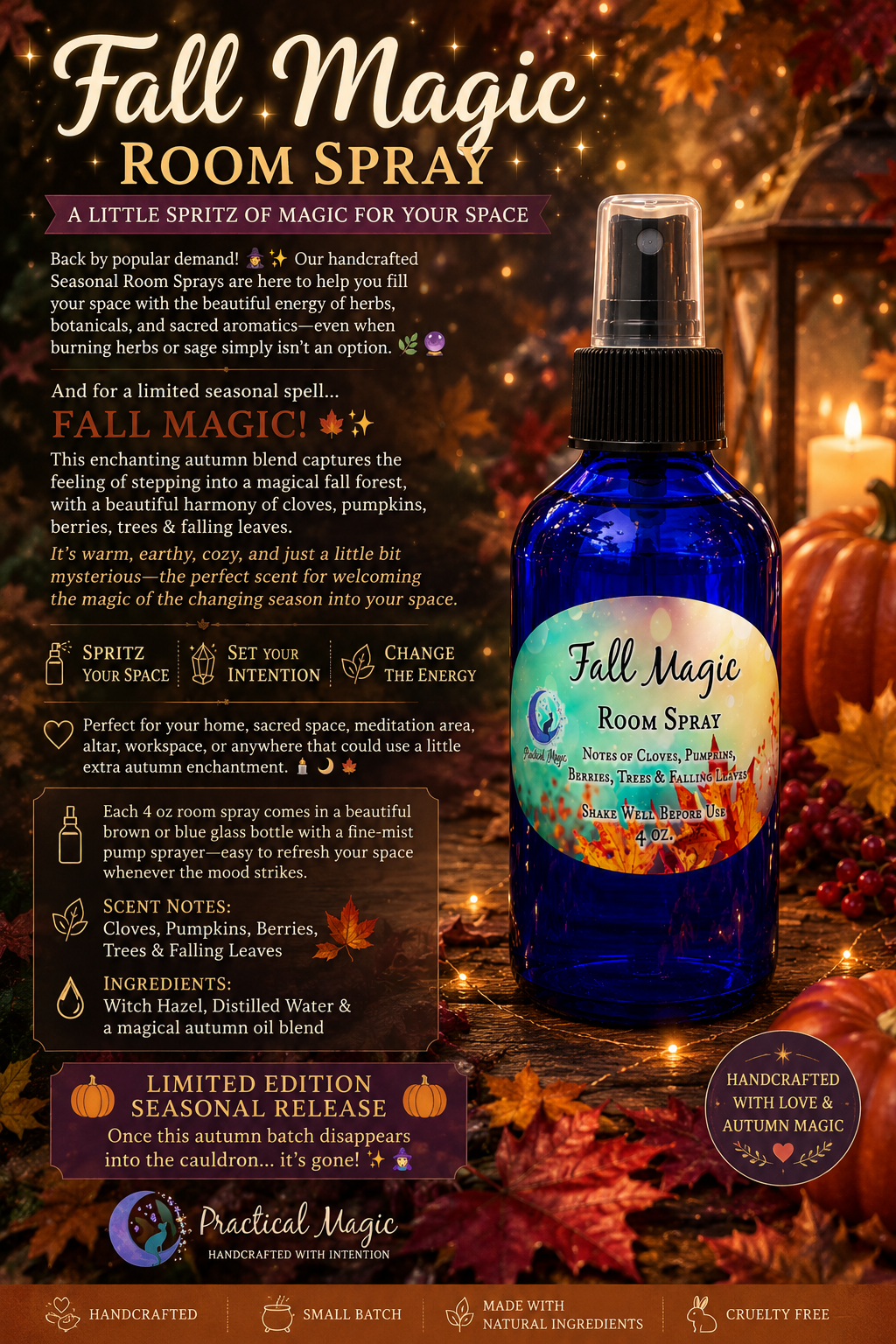 Fall Magic Room Spray by 1 Practical Magic Store, featuring a spray bottle with autumn-themed packaging and a cozy, magical scent.