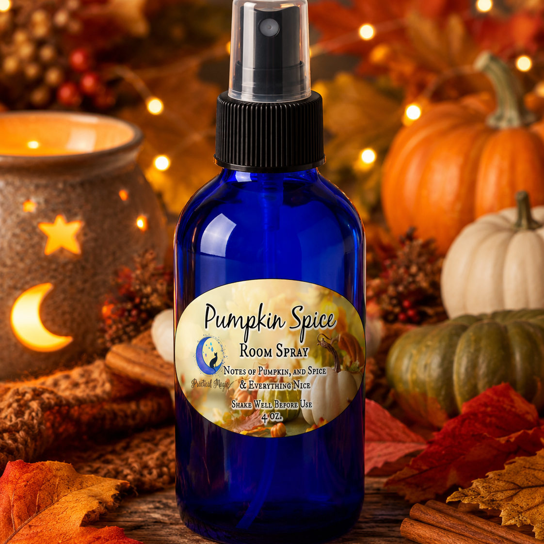 Pumpkin Spice room spray by 1 Practical Magic Store, featuring a spray bottle with autumnal scent and orange label.
