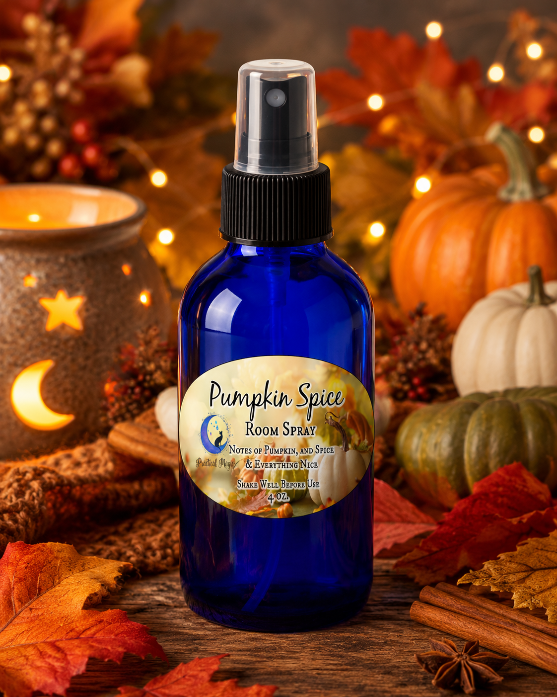 Pumpkin Spice room spray by 1 Practical Magic Store, featuring a spray bottle with autumnal scent and orange label.