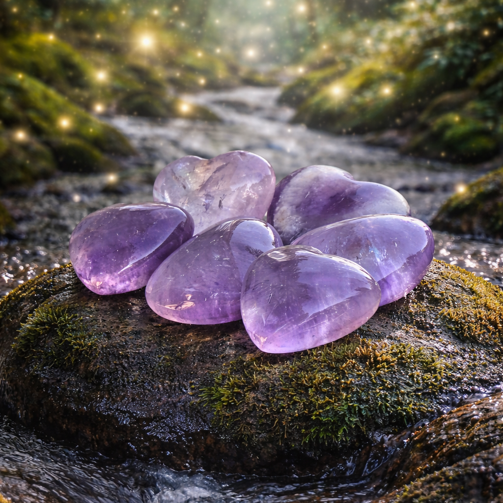 Amethyst heart-shaped crystal from 1 Practical Magic Store, smooth purple gemstone with natural facets and polished finish.