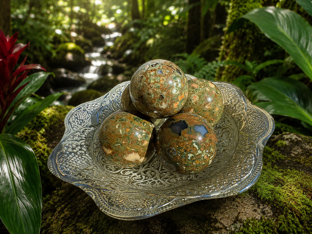 Rainforest Jasper sphere showcasing vibrant green and brown patterns, polished gemstone ball from Practical Magic Store.