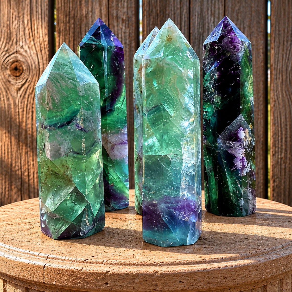 Natural rainbow fluorite stone tower with colorful feather patterns, showcasing vibrant hues and polished smooth surface.