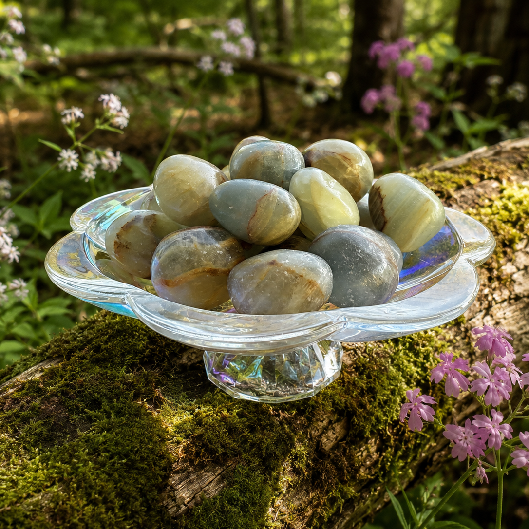 Blue Lemurian Onyx Calcite tumbled stone from Practical Magic Store, smooth blue gemstone with natural patterns and polished surface.