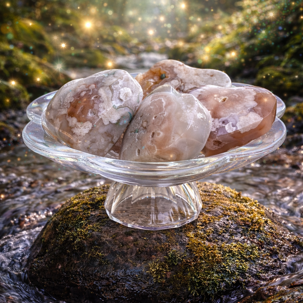 Flower Agate heart gemstone from Practical Magic Store, showcasing vibrant floral patterns and smooth polished surface.
