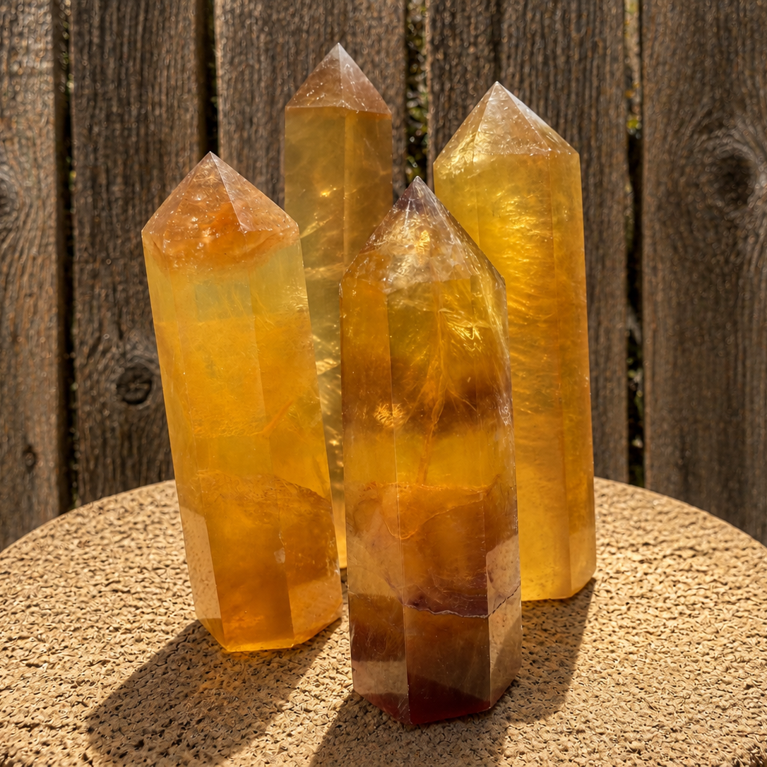 Yellow fluorite tower formed from natural stone, used as a generator and decorative piece in the towers and generators category.
