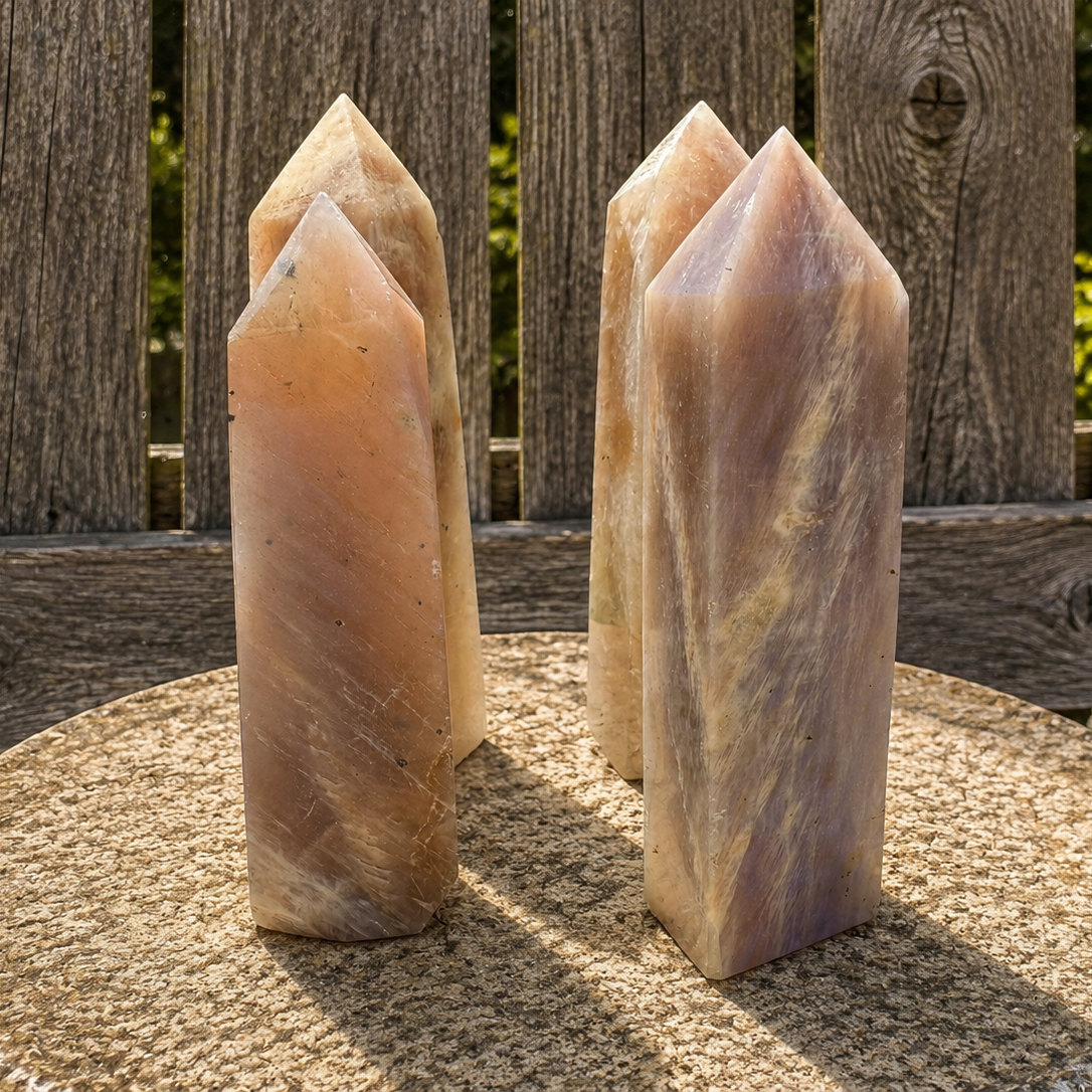 Blue flash moonstone tower crystal from Practical Magic Store, featuring a polished blue moonstone tower for energy and decor.