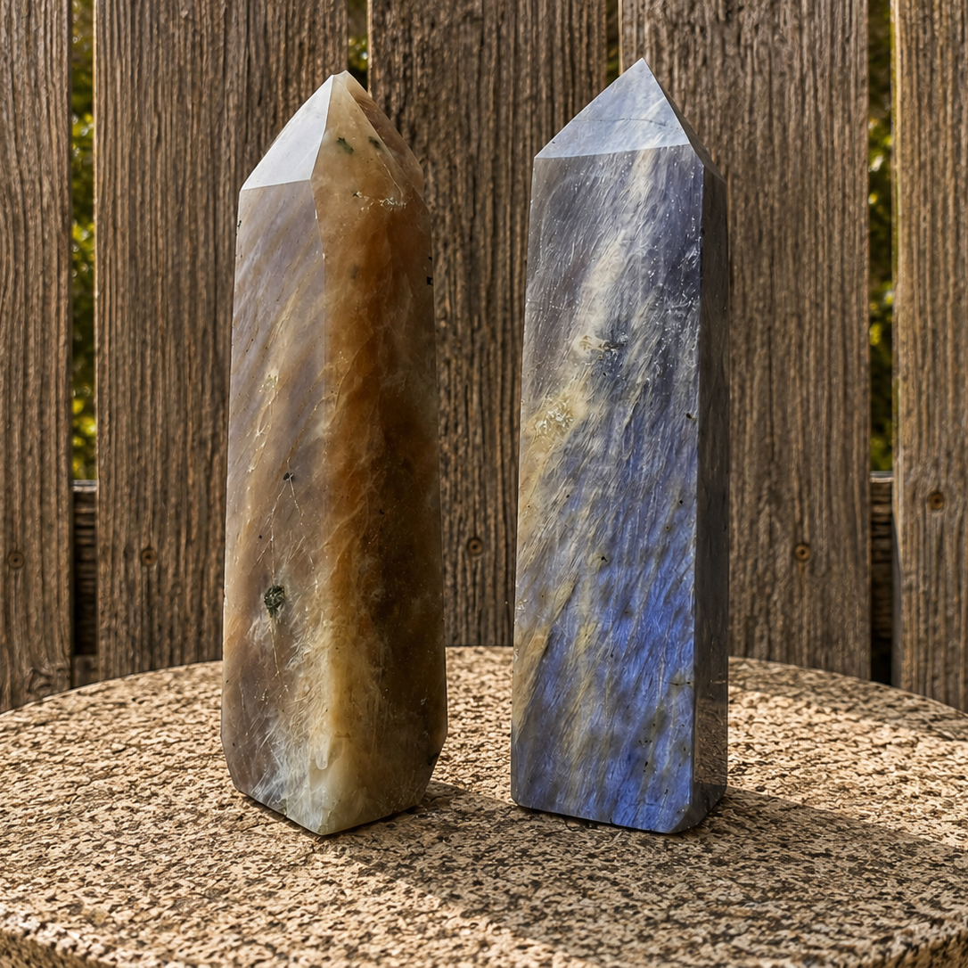 Blue Flash Moonstone Tower from Practical Magic Store, a decorative tower featuring blue flash moonstone crystals, ideal for energy or decor.