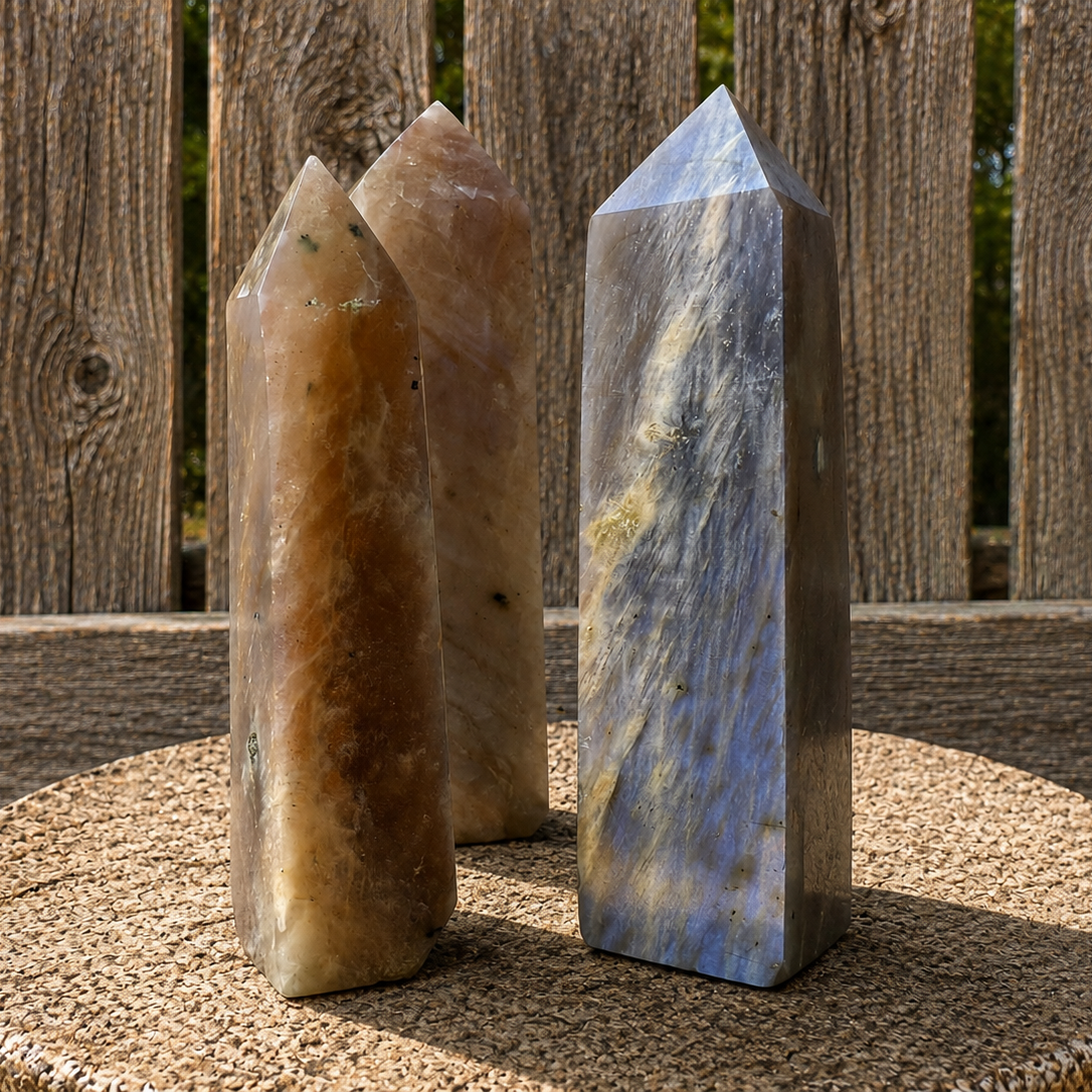 Blue Flash Moonstone Tower from Towers & Generators by 1 Practical Magic Store, featuring a vibrant blue moonstone crystal on a decorative tower.