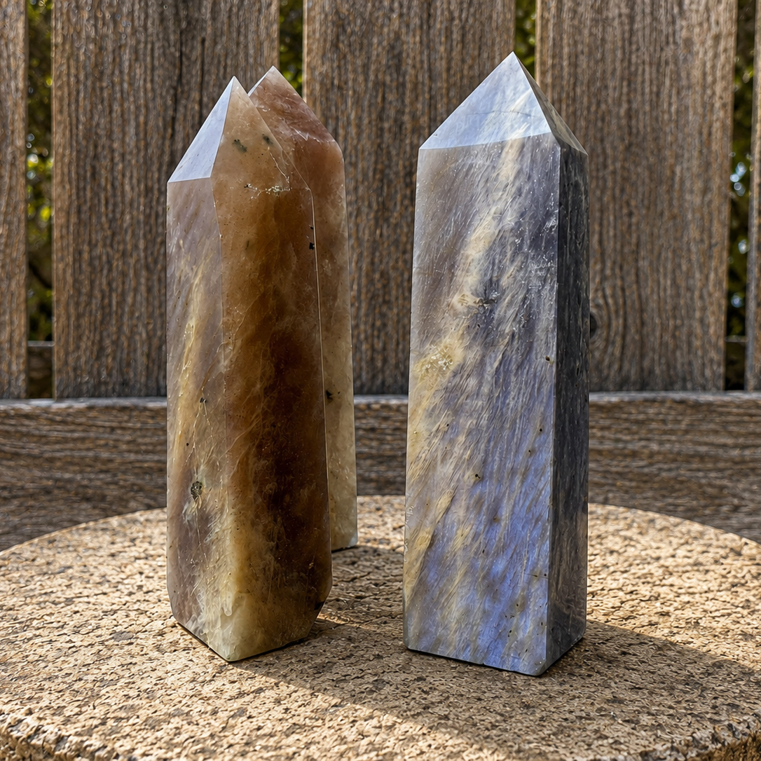 Blue flash moonstone tower from Practical Magic Store, showcasing a polished gemstone tower with vibrant blue and moonstone hues.