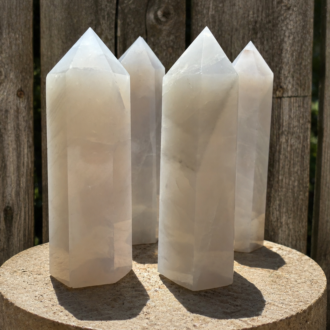 Blue silver rose quartz tower from Practical Magic Store, featuring polished crystal points and a vibrant blue hue.