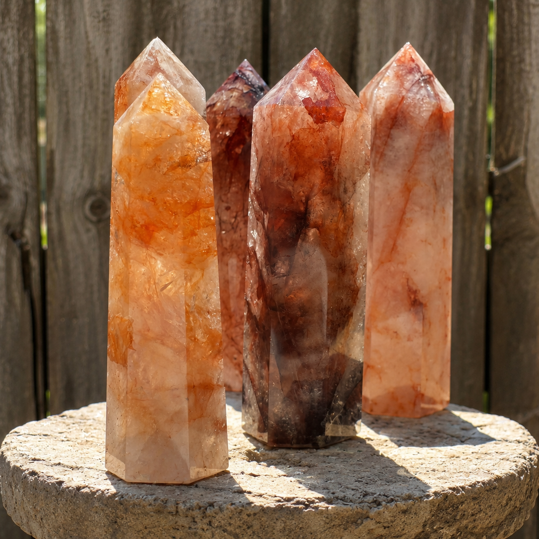 Red strawberry hematoid fire quartz tower from Practical Magic Store, showcasing vibrant red and clear crystal points.