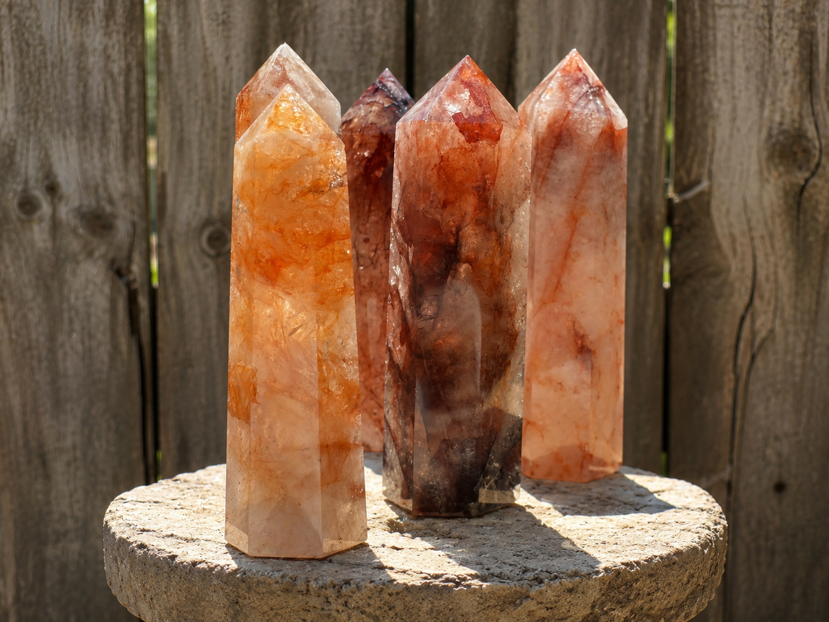 Red strawberry hematoid fire quartz tower from Practical Magic Store, showcasing vibrant red and clear crystal points.
