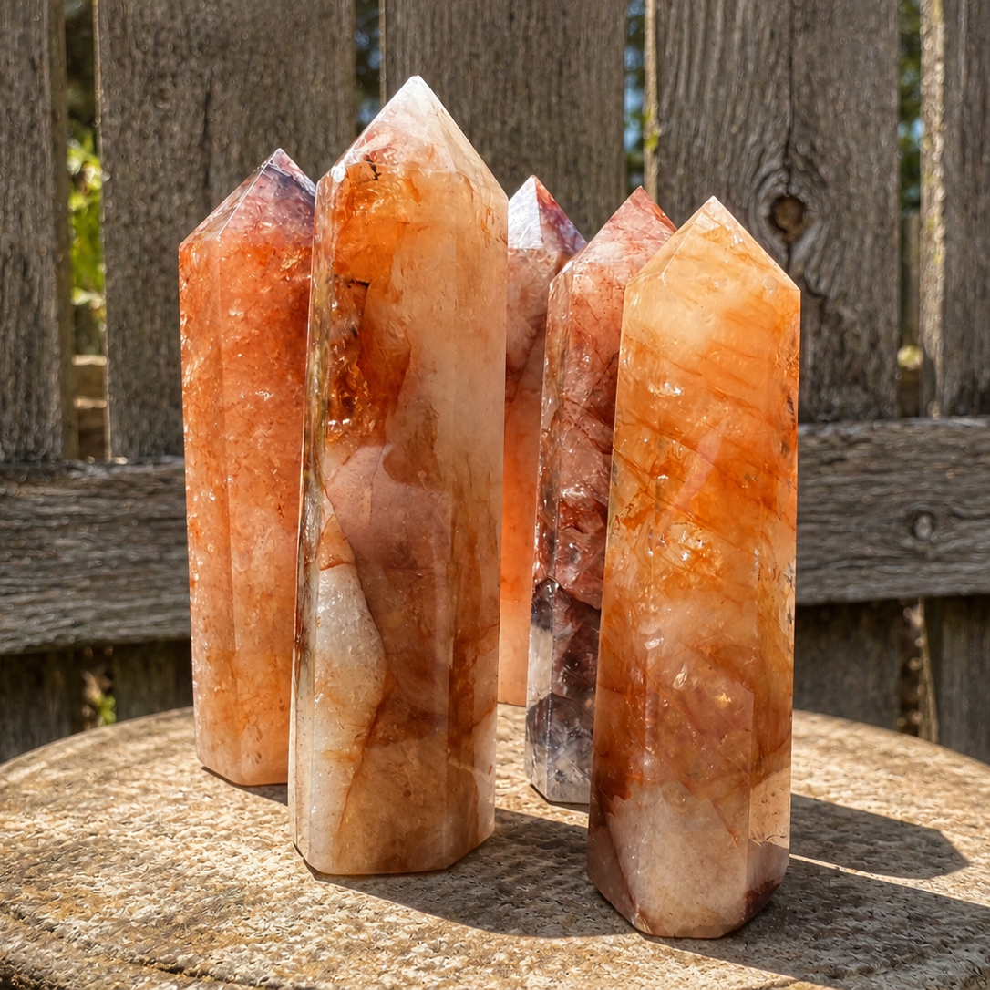 Red strawberry hematoid fire quartz tower featuring deep red and clear crystal points, used for healing and energy work.