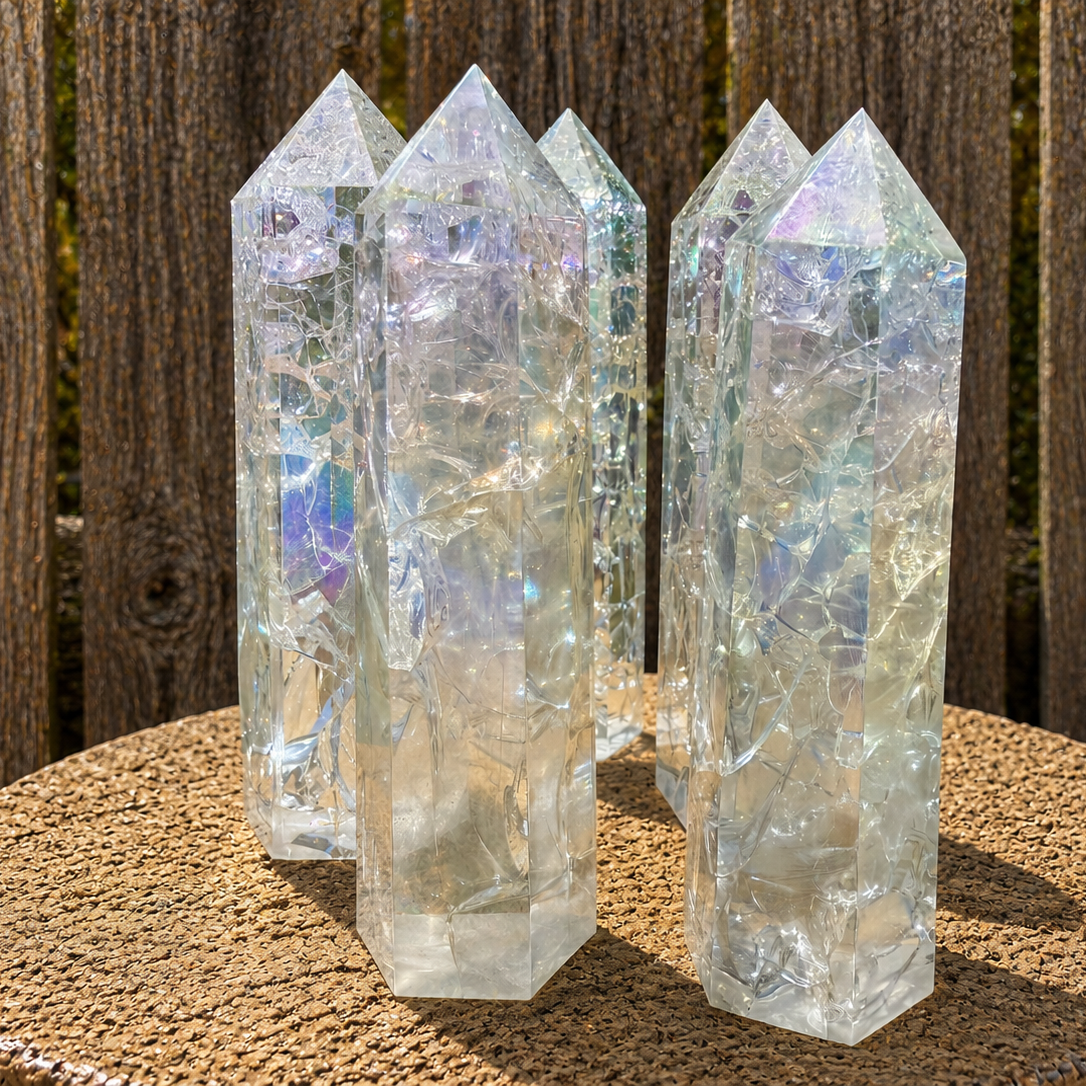 Angel Aura clear crackle quartz tower from Practical Magic Store, showcasing a shimmering, crackled quartz crystal specimen.