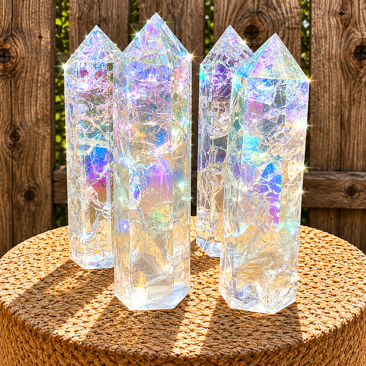Angel Aura clear crackle quartz tower, a spiritual healing crystal generator with shimmering, crackled glass appearance.