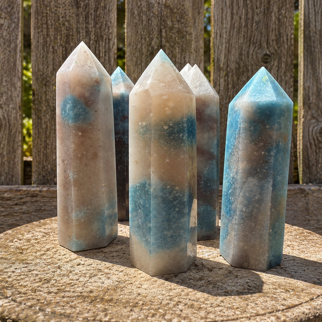 Trolleite Tower from Practical Magic Store, a decorative crystal tower with blue-green trolleite mineral points and natural mineral formations.