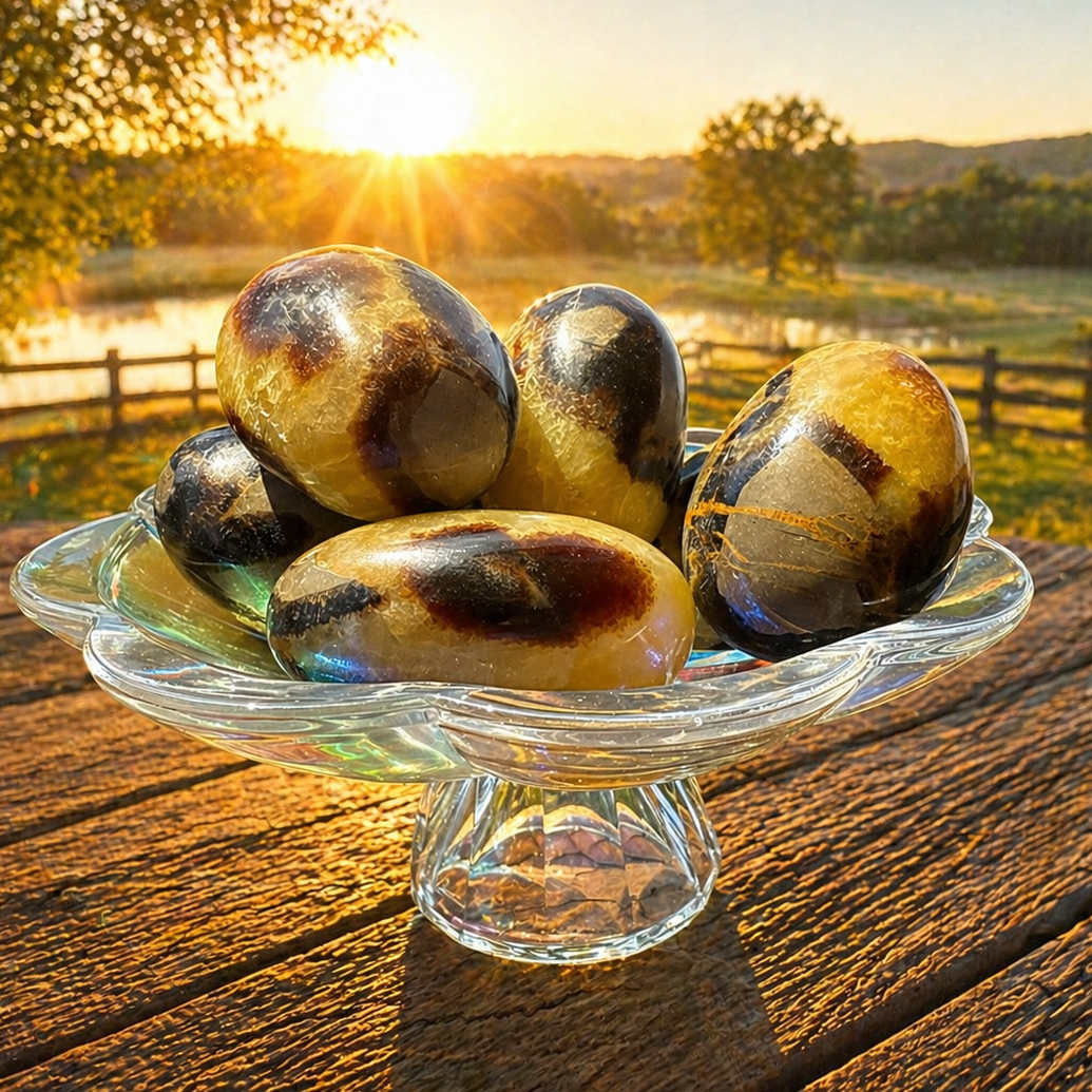 Tumbled and polished septarian palm stone displayed on a neutral background, showcasing its earthy brown and yellow mineral patterns.