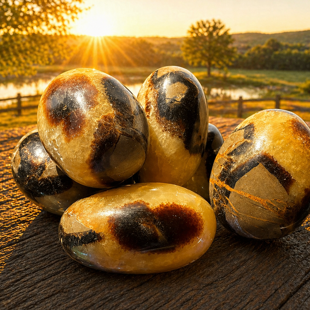 Tumbled and polished septarian palm stone showcasing earthy brown and yellow mineral patterns, smooth and rounded surface.