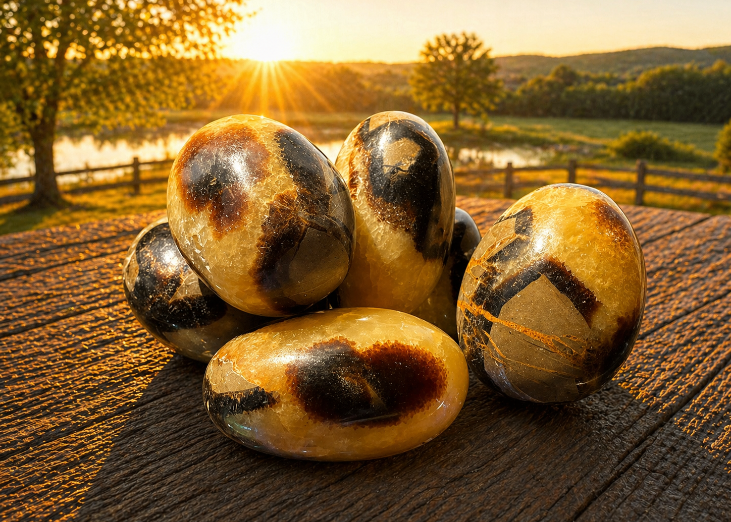 Tumbled and polished septarian palm stone showcasing earthy brown and yellow mineral patterns, smooth and rounded surface.