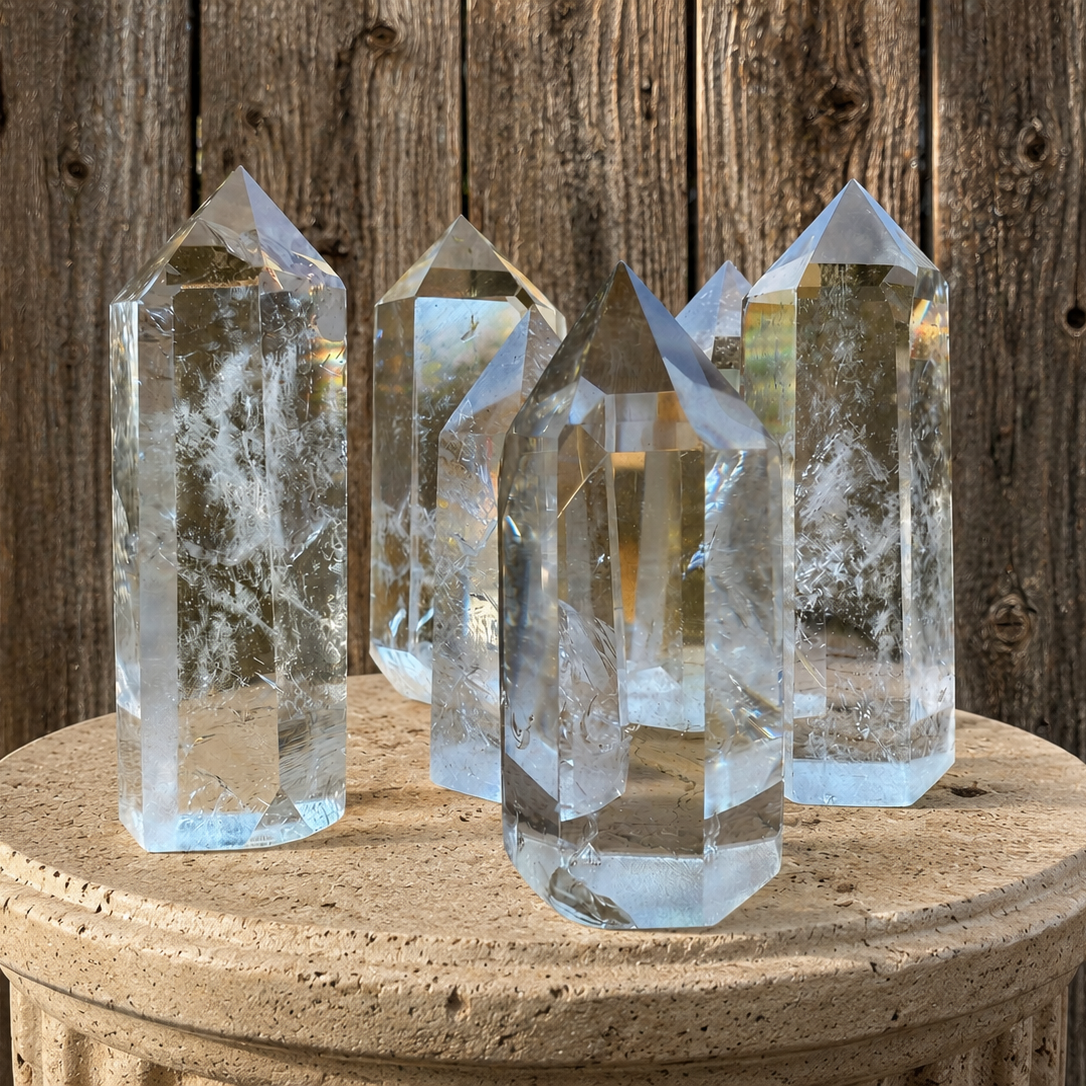 Polished clear quartz crystal tower from Practical Magic Store with natural crackle details and smooth, shiny surface.