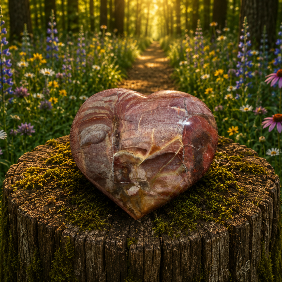 Polished petrified wood heart gemstone from 1 Practical Magic Store, showcasing smooth, natural stone with rich wood grain patterns.