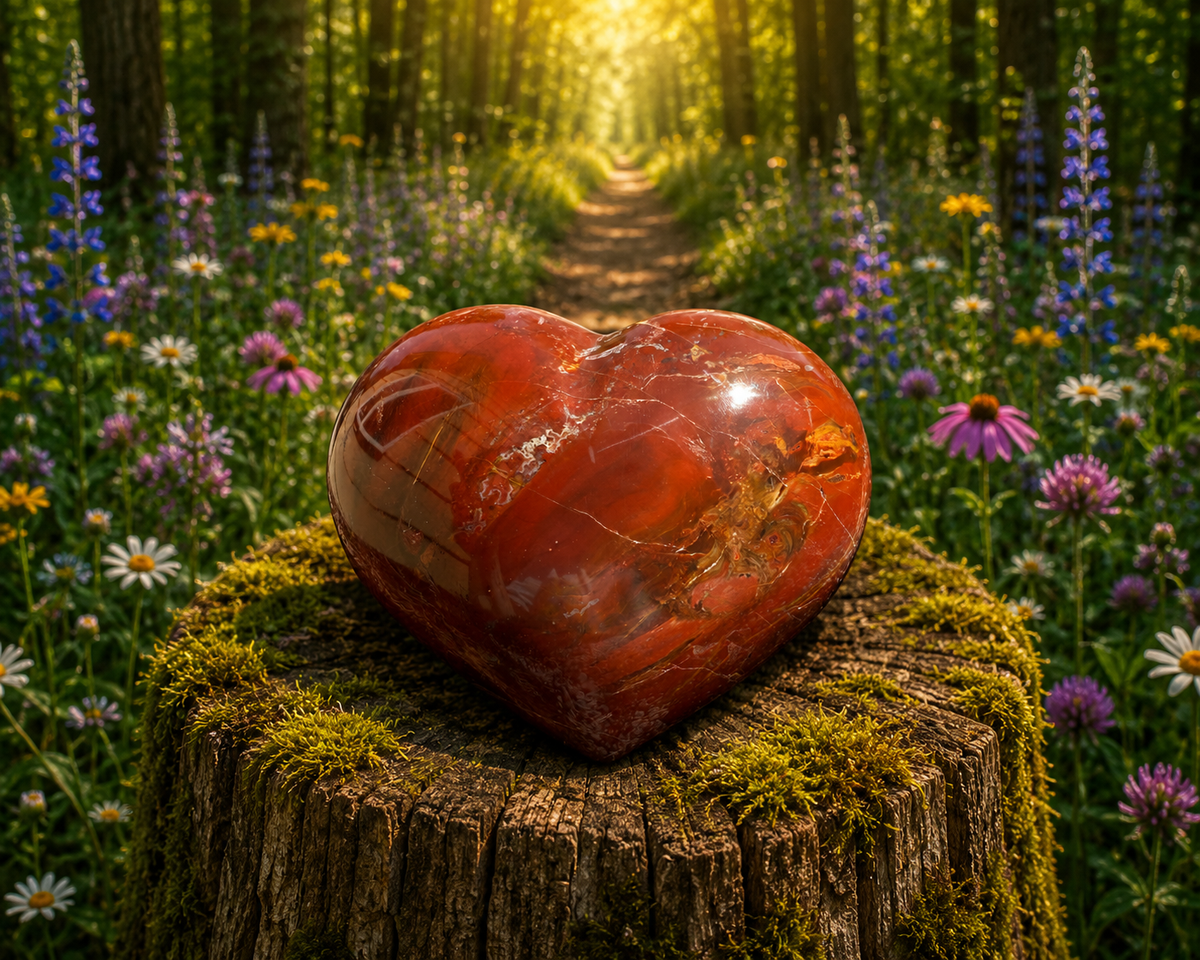 Large polished petrified wood heart from tumbled stone collection, showcasing smooth, natural wood textures and rich earthy tones.