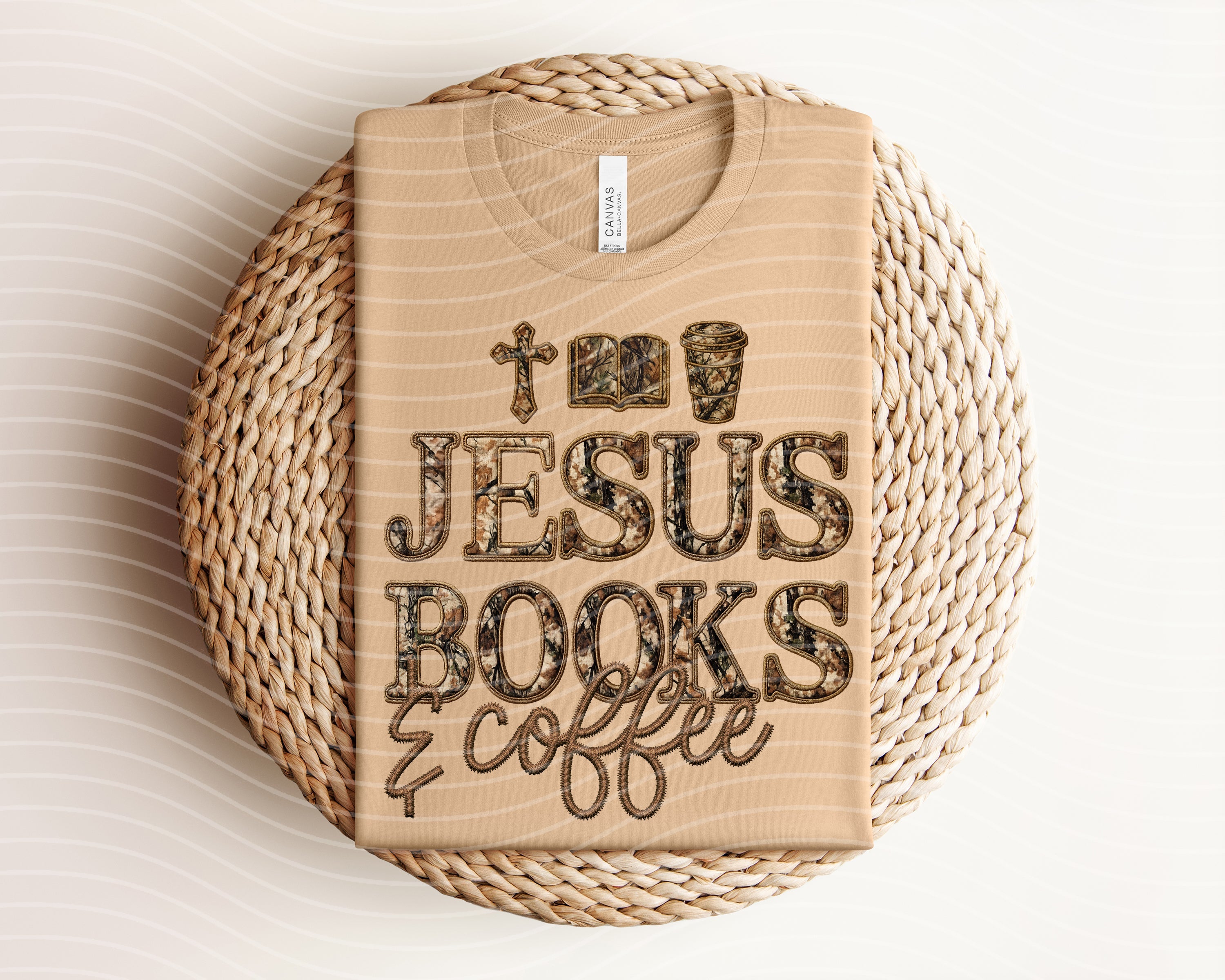 Jesus Books & Coffee graphic tee featuring a printed design of a Bible, coffee cup, and inspirational quote on a casual cotton t-shirt.