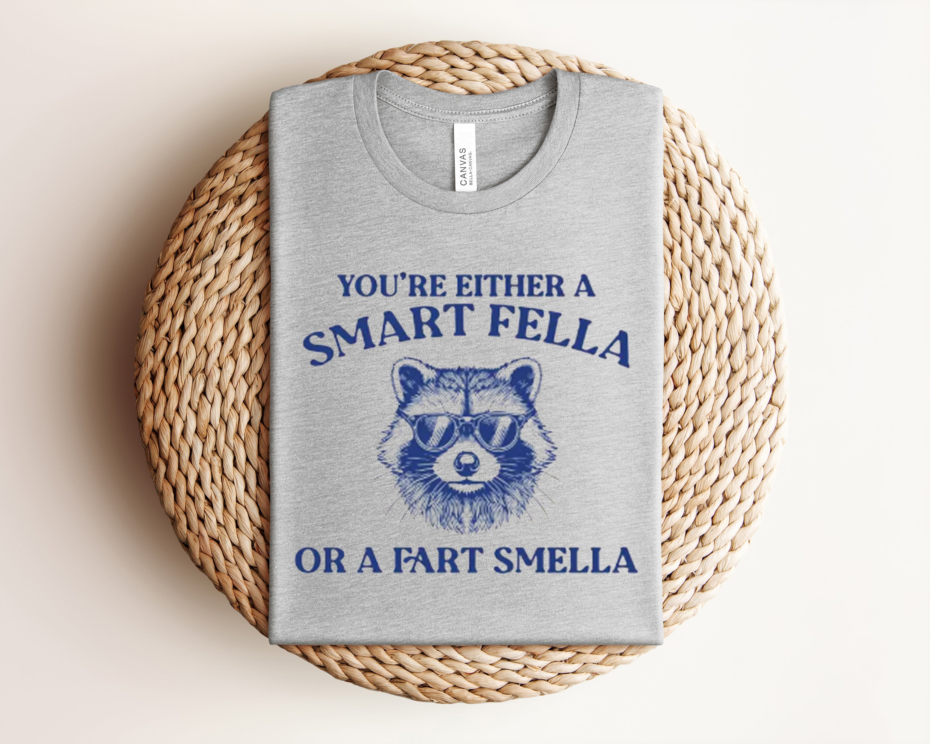 Graphic tee featuring humorous "You're Either a Smart Fella or a Fart Smella" design in black and white, from Anchored Grace Boutique.