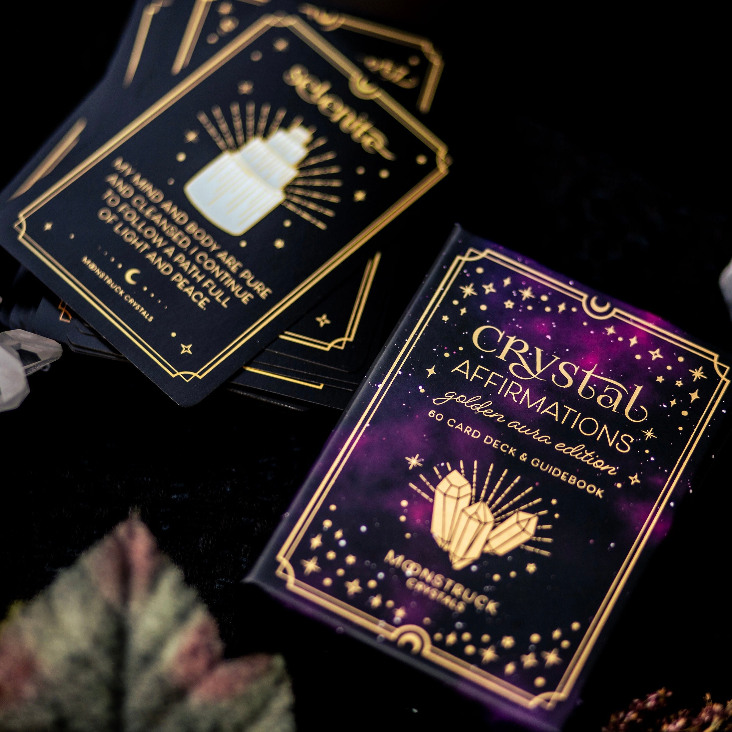 Gold Crystal Affirmations Golden Aura Edition card deck by Moonstruck Crystals, featuring beautifully designed affirmation cards with gold accents.