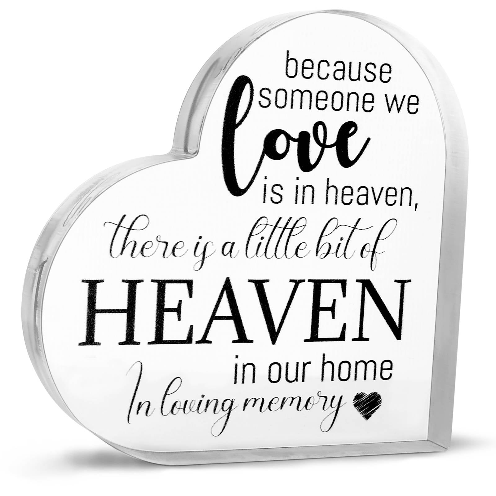 Acrylic memorial heart with a gift box from The Wind Chime Co, featuring engraved "Heaven In Our Home" design and decorative ribbon.