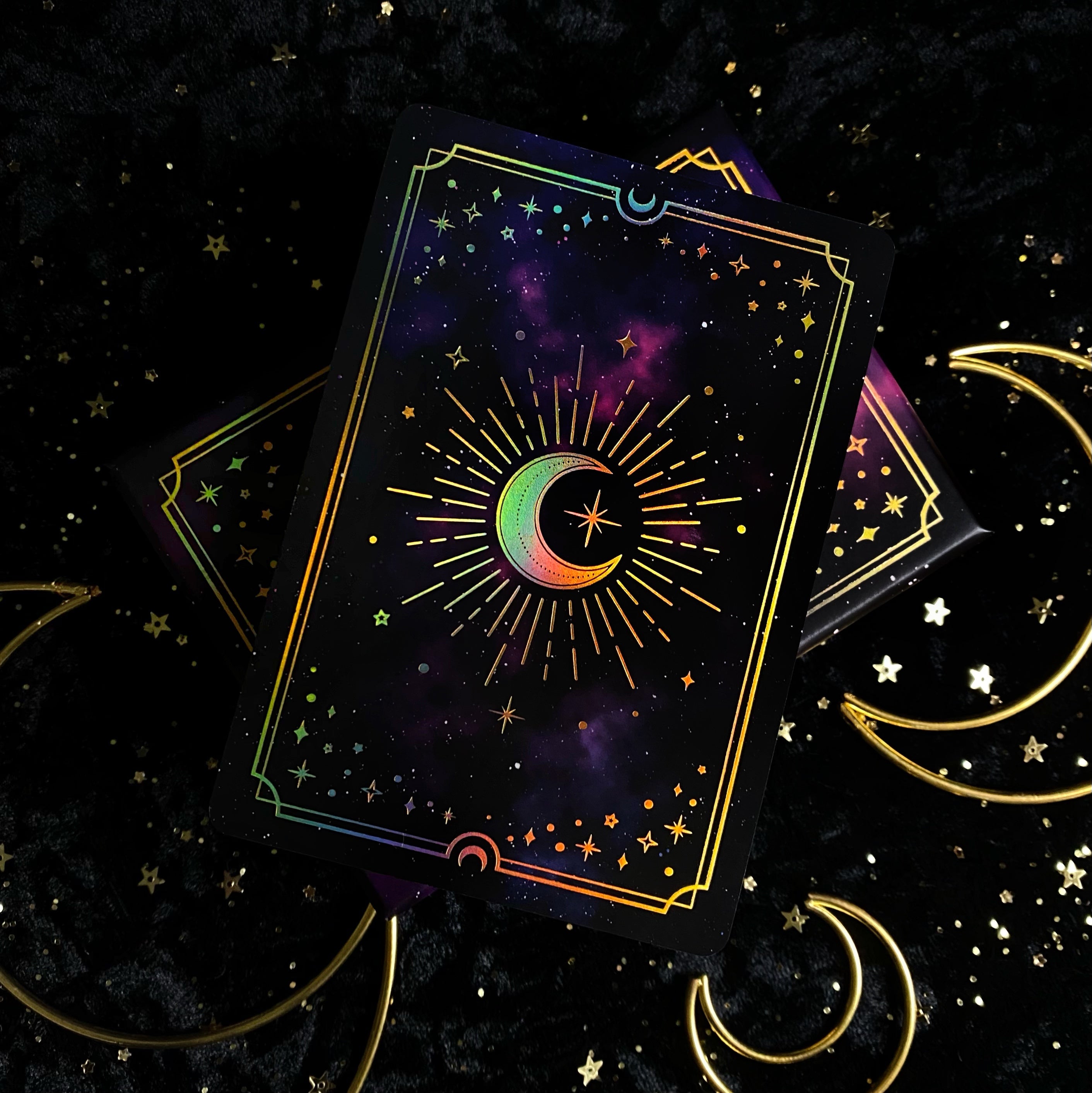 Gold Crystal Affirmations Golden Aura Edition card deck by Moonstruck Crystals, with shimmering gold and crystal-themed designs.
