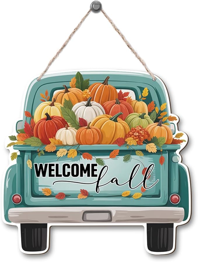 Rustic wooden fall truck sign by CozyNest Decor, ideal for Thanksgiving and autumn home interior or exterior decoration.