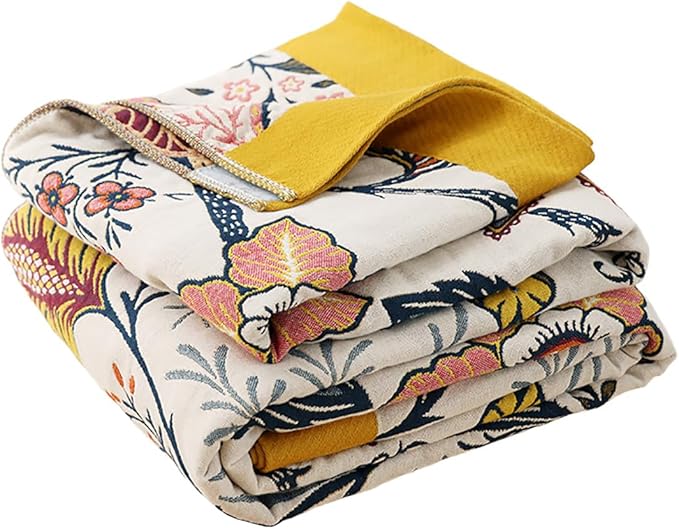CozyNest Decor boho floral muslin bed blanket, 6-layer gauze cotton, 80x90 inches, soft, lightweight, summer cooling home decor.