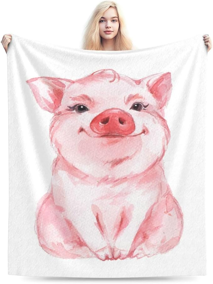 CozyNest Decor pink pig watercolor throw blanket, super soft 50x60 inches for bed, couch, or camping, with cute pig design.