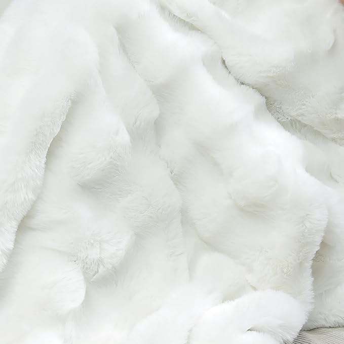 CozyNest Decor ivory faux fur throw blanket with plush, fluffy double-sided rabbit fur for couch, bed, or sofa, 63x79 inches.