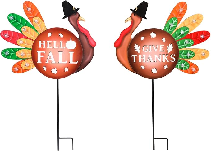 CozyNest Decor 2-piece Happy Fall yard signs with metal turkey and "Give Thanks" garden stakes, LED lights for autumn lawn decor.