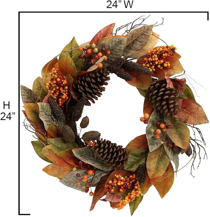 CozyNest Decor artificial 24-inch fall magnolia leaf vine wreath with orange pinecones, autumn leaves, berries for door or wall decor