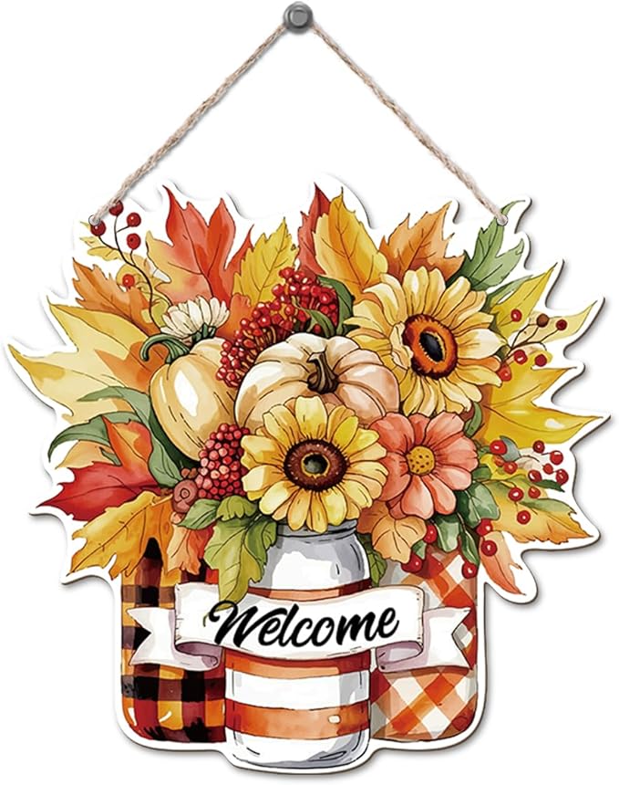 CozyNest Decor Thanksgiving welcome door sign with pumpkin design, wooden fall harvest decor for farmhouse porch and autumn home.
