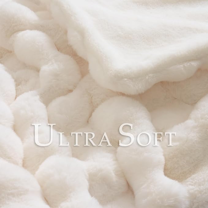 Cream white CozyNest Decor faux fur throw blanket 50x60 inches, thick, fluffy, soft bubble design for couch or home decor.