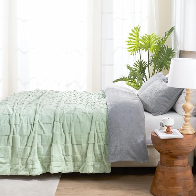 CozyNest Decor white checkered faux rabbit fur throw blanket with soft, fluffy fleece texture, perfect for couch or bed. Sage green, Queen size.