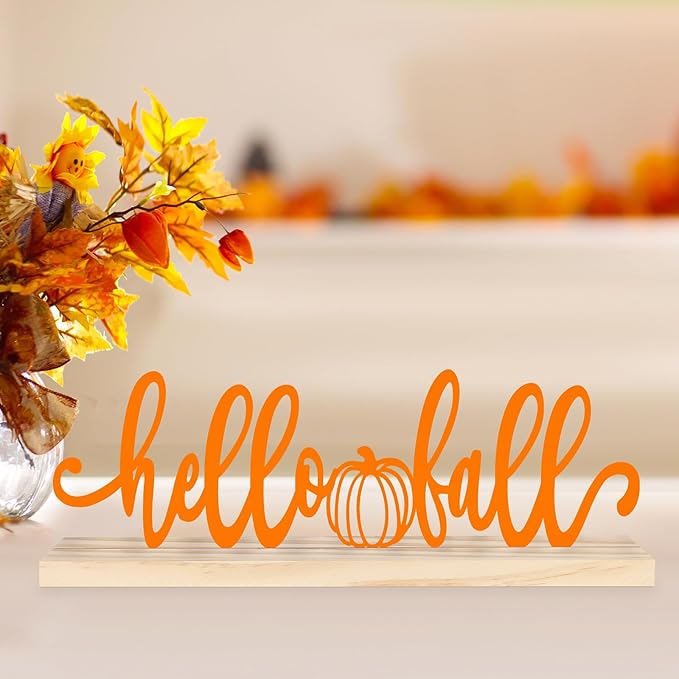 CozyNest Decor Hello Fall metal sign in orange with autumn pumpkin design, perfect for home or office fall decorating.
