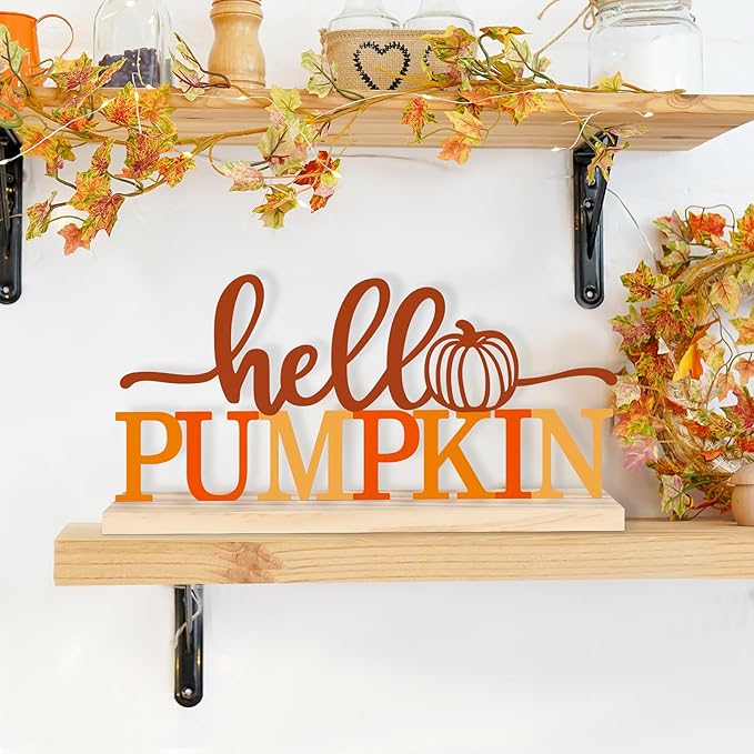 Orange metal Hello Pumpkin sign by CozyNest Decor, autumn fall decoration for home or office shelves and mantels.