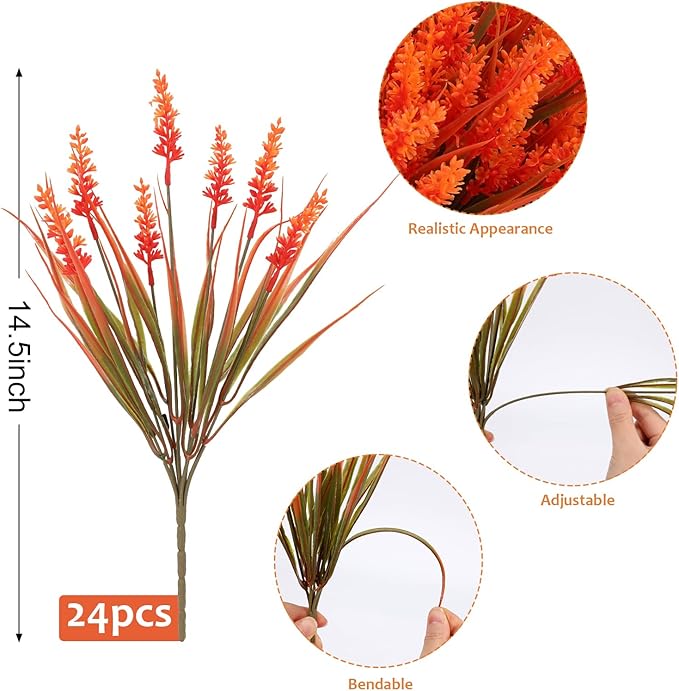 CozyNest Decor artificial outdoor lavender and monkey grass flowers in autumn-red, 48-pack faux plants for garden or porch decor.