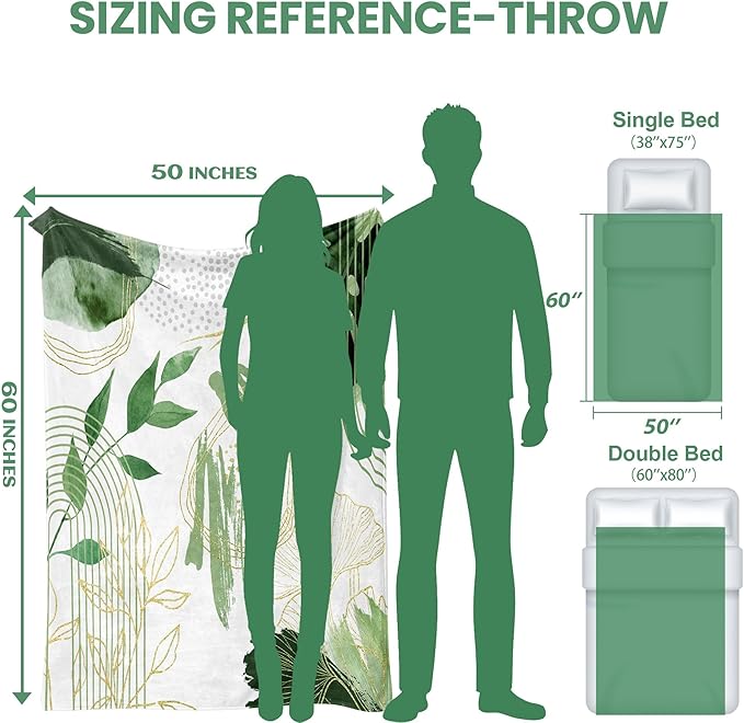 Sage green leaf-patterned throw blanket from CozyNest Decor, super soft flannel for couch or bed, 50x60 inches, cozy and decorative.