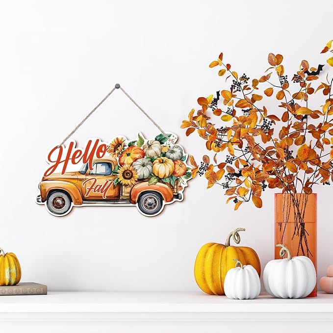 Hello Fall wooden hanging truck decoration, rustic autumn sign for Thanksgiving, cozy interior and exterior harvest decor from CozyNest Decor.