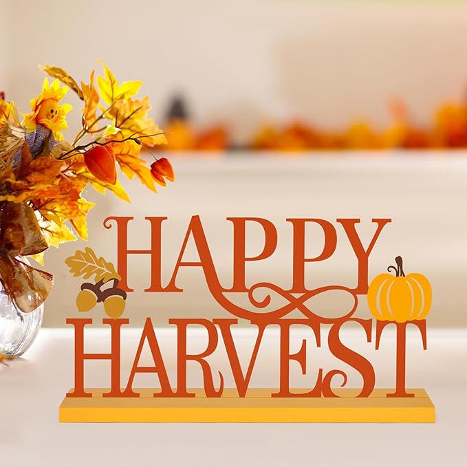 CozyNest Decor COCHIE Metal Happy Harvest sign in orange with autumn leaves, perfect for fall home or office decoration.