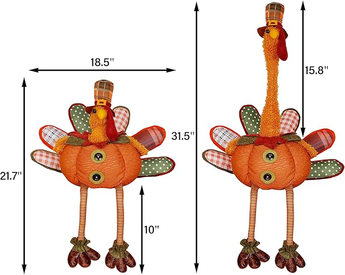 CozyNest Decor plush Thanksgiving turkey figurine, 31.5" plush turkey with stretchable head, sitting fall decoration for indoor tables.