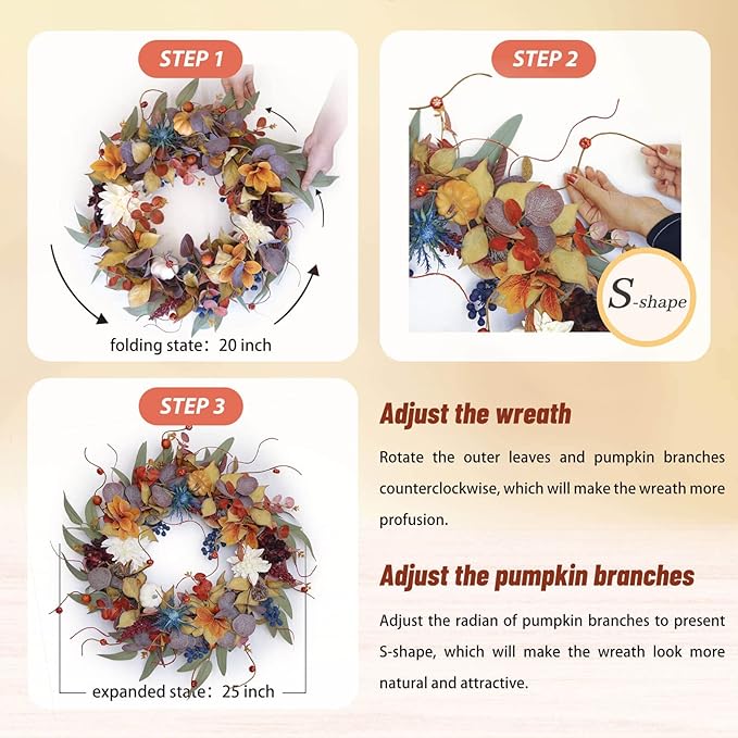 CozyNest Decor 24-inch fall wreath with pumpkins, silk leaves, and purple flowers for front door autumn and Halloween decoration.