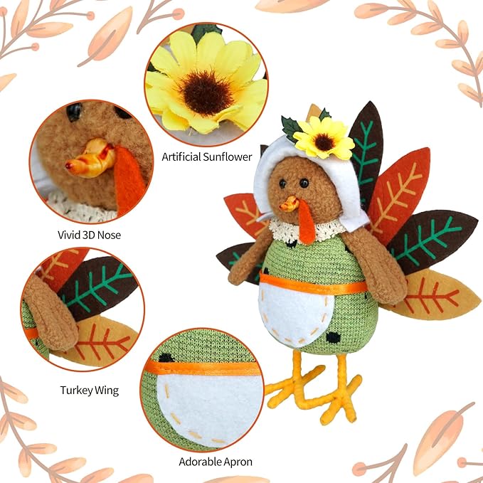 Two plush stuffed turkey figurines with dangling legs, cozyNest Decor autumn harvest tabletop decor for fall and Thanksgiving celebrations.